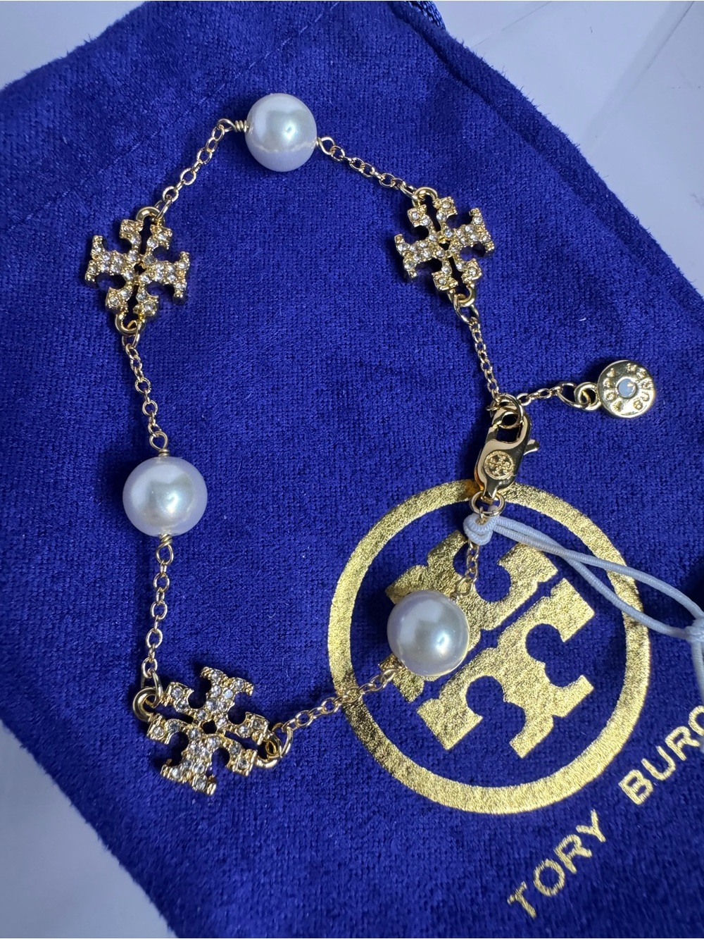 Tory Burch NWT Kira Logo Pave & Pearl Chain Bracelet